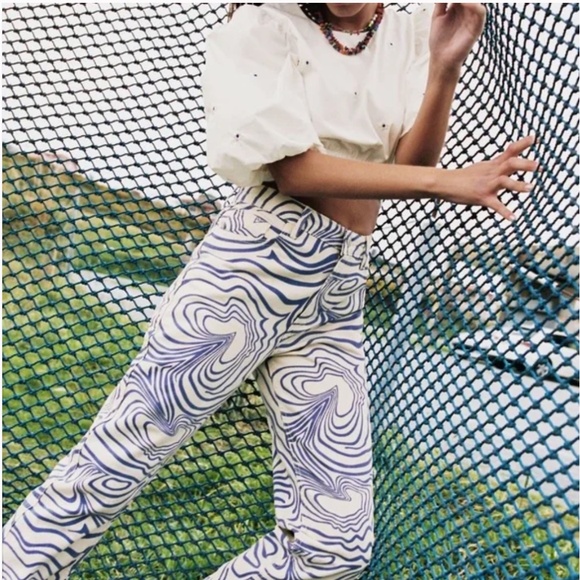 New with tags ZARA PRINTED STRAIGHT LEG JEANS Navy / White US 4 - Picture 1 of 6